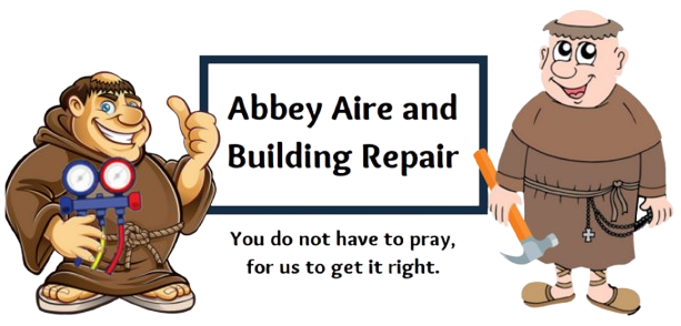 Two cartoon monks, one holding HVAC gauges and one with a hammer, next to the text "Abbey Aire and Building Repair."