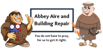 Two cartoon monks, one holding HVAC gauges and one with a hammer, next to the text "Abbey Aire and Building Repair."
