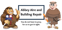 Two cartoon monks, one holding HVAC gauges and one with a hammer, next to the text "Abbey Aire and Building Repair."