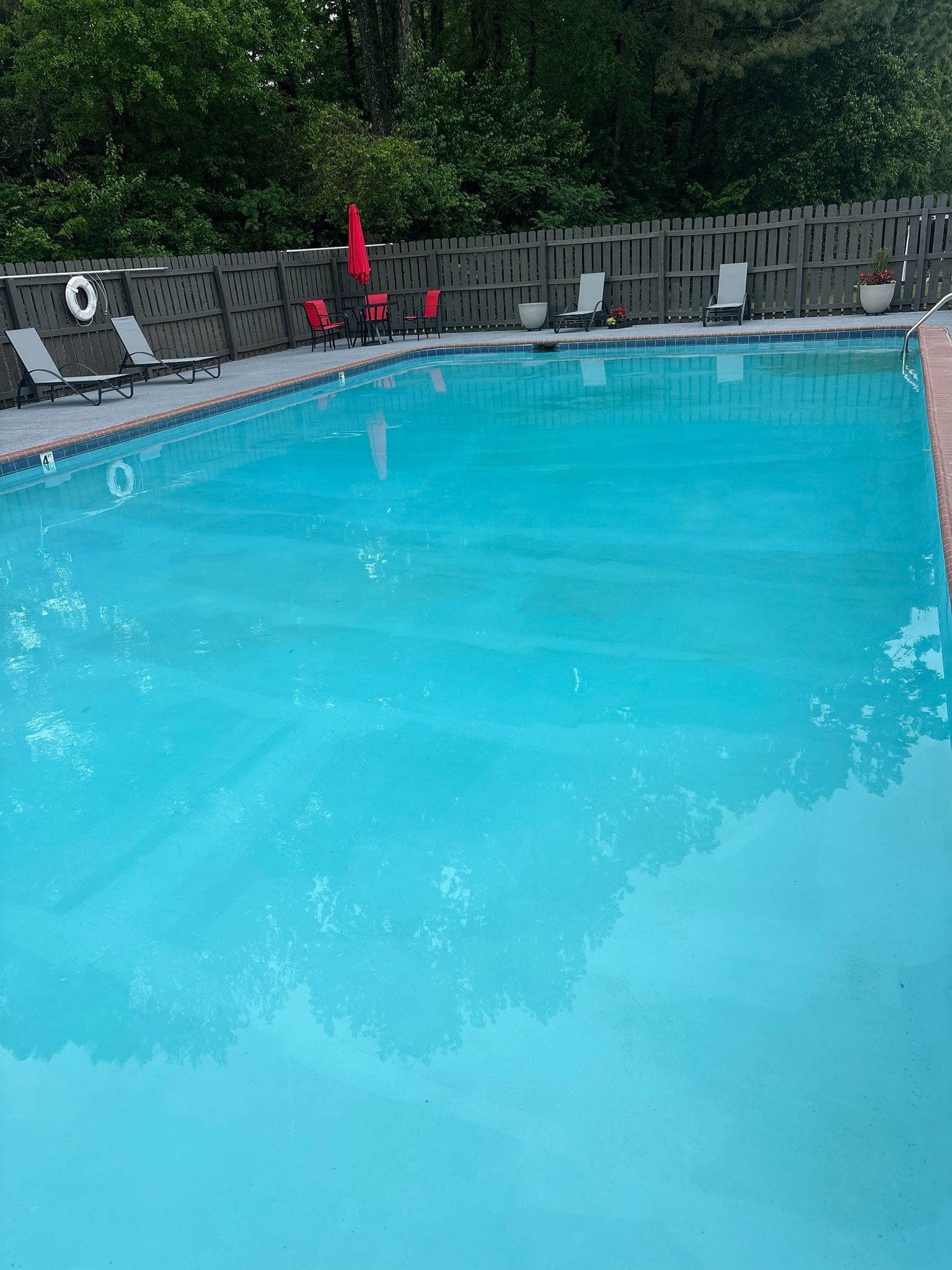 Outdoor swimming pool with bright blue water, stone deck, lounge chairs, and trees in the background