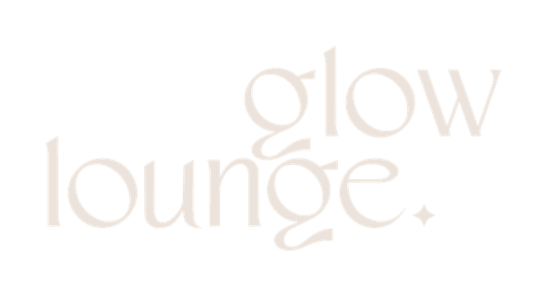 Pale beige “glow lounge” logo on a white background