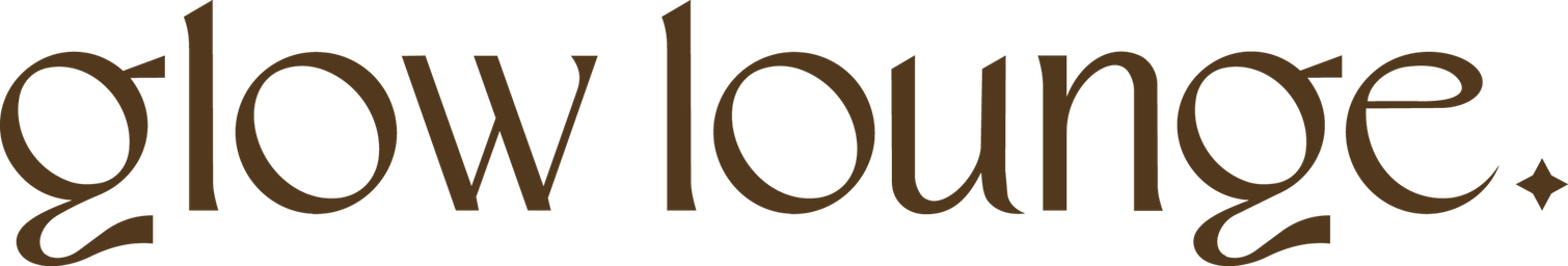 Glow Lounge logo in brown cursive text with a small star accent.