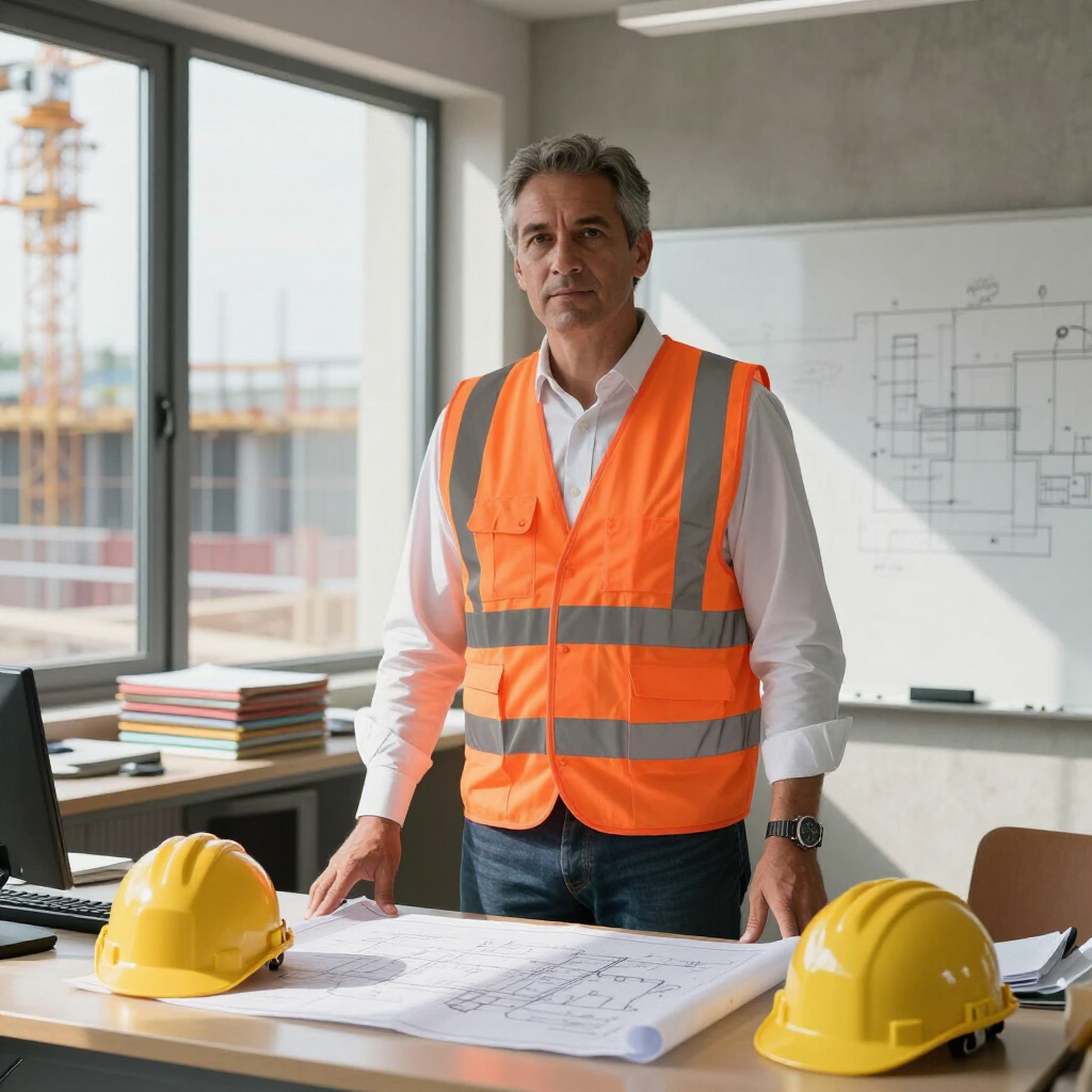 Chef de chantier en gilet de sécurité orange, casques de chantier sur la tête, dans un bureau lumineux, debout près de plans.