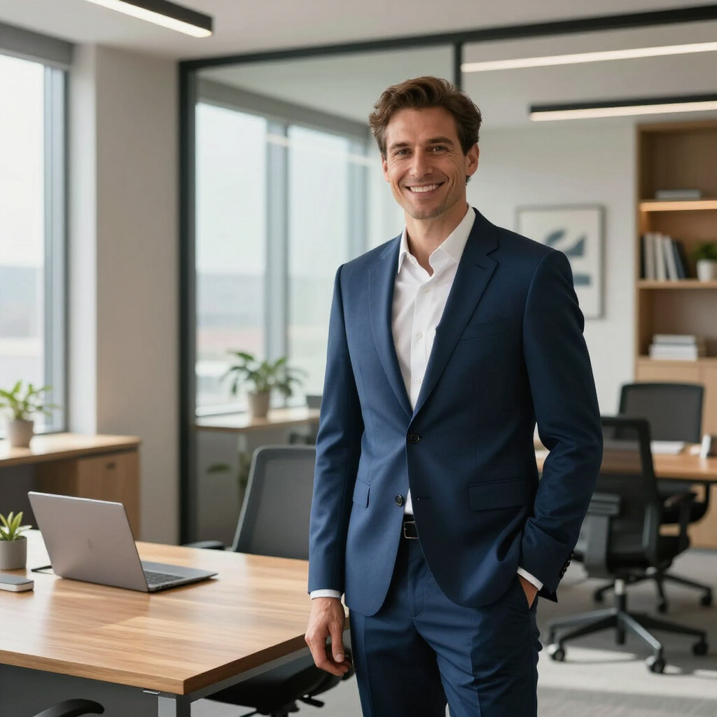 Un professionnel souriant en costume bleu se tient debout dans un bureau moderne
