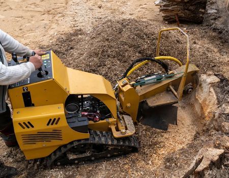 A yellow stump grinder being operated, removing a tree stump. A person controls the machine with a control panel.