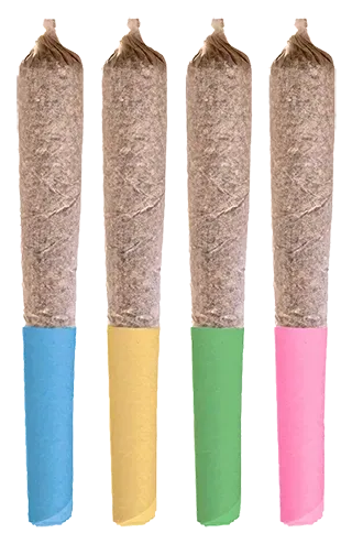 Three green joints sticks in clear wrappers with white labels on a white background