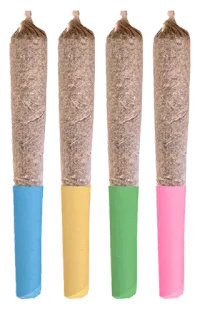 Four colorful cannabis joints with blue, yellow, green, and pink filters