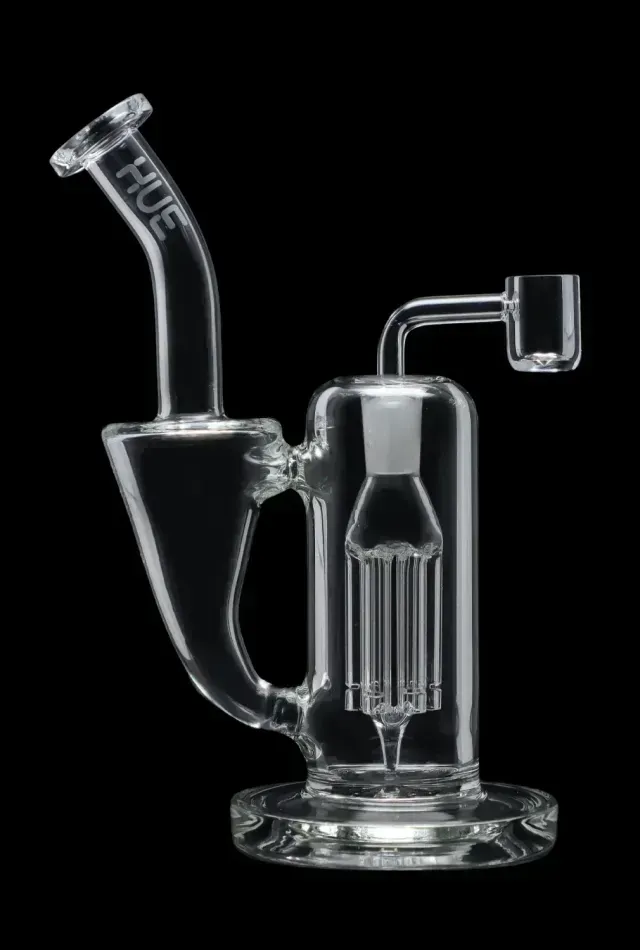 Clear glass smoking pipe with curved mouthpiece and side chamber on a black background
