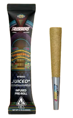 Black Juicy Jays infused pre-roll package beside a gold-tipped pre-roll on white background