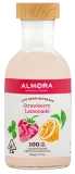 ALMORA strawberry lemonade bottle with wooden cap and pink label, showing lemon and strawberry slices