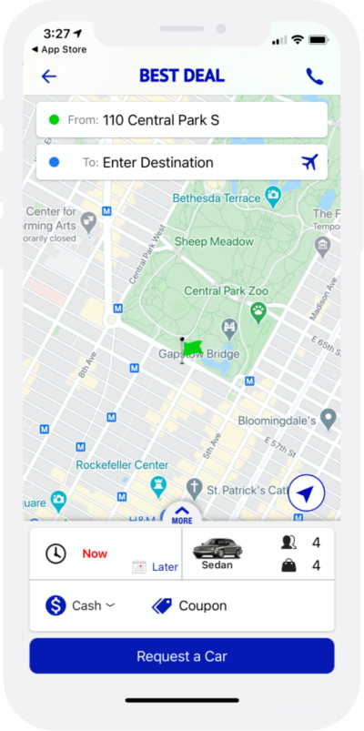 Rideshare app map screen with pickup and destination fields, car options, coupon, and a blue “Request a Car” button