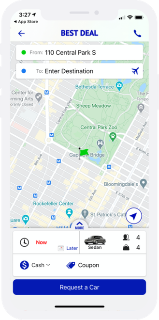 Ride-hailing app screen showing pickup and destination fields, map, and a blue “Request a Car” button.