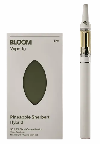 Bloom Live vape 1g Pineapple Sherbert Hybrid box and white vape pen on white background