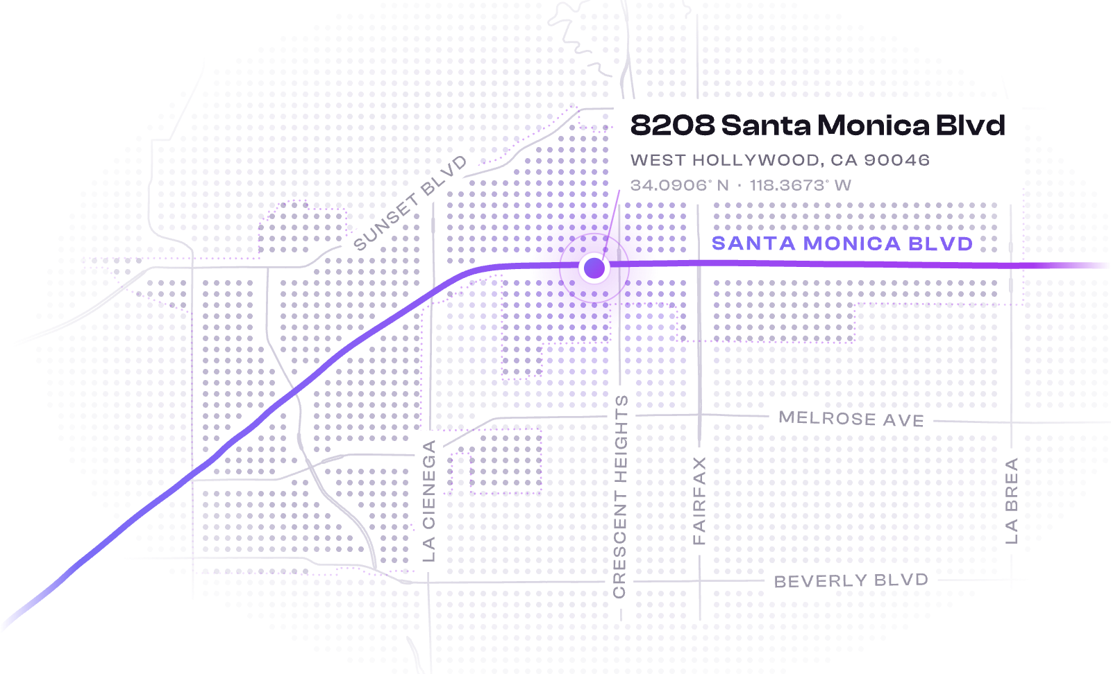 Map line highlighting 8208 Santa Monica Blvd in purple with surrounding streets.