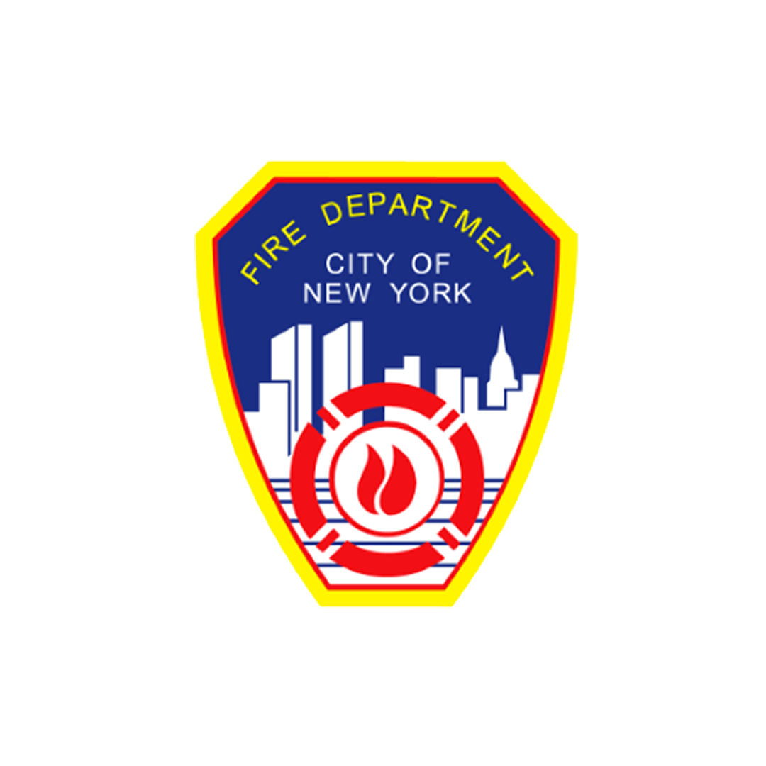 FDNY shield logo, blue and yellow with red fire emblem and New York City skyline