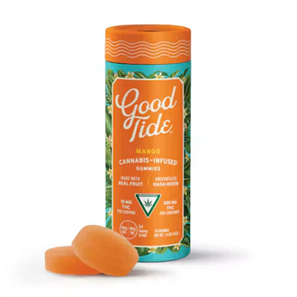 Orange Good Tide mango cannabis-infused gummies package with two gummies in front