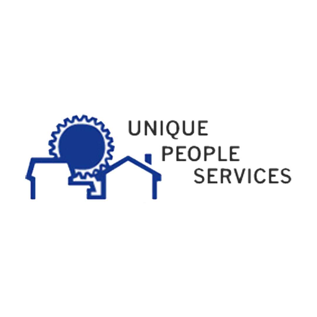 Blue logo with house and gear icon and the words “Unique People Services”