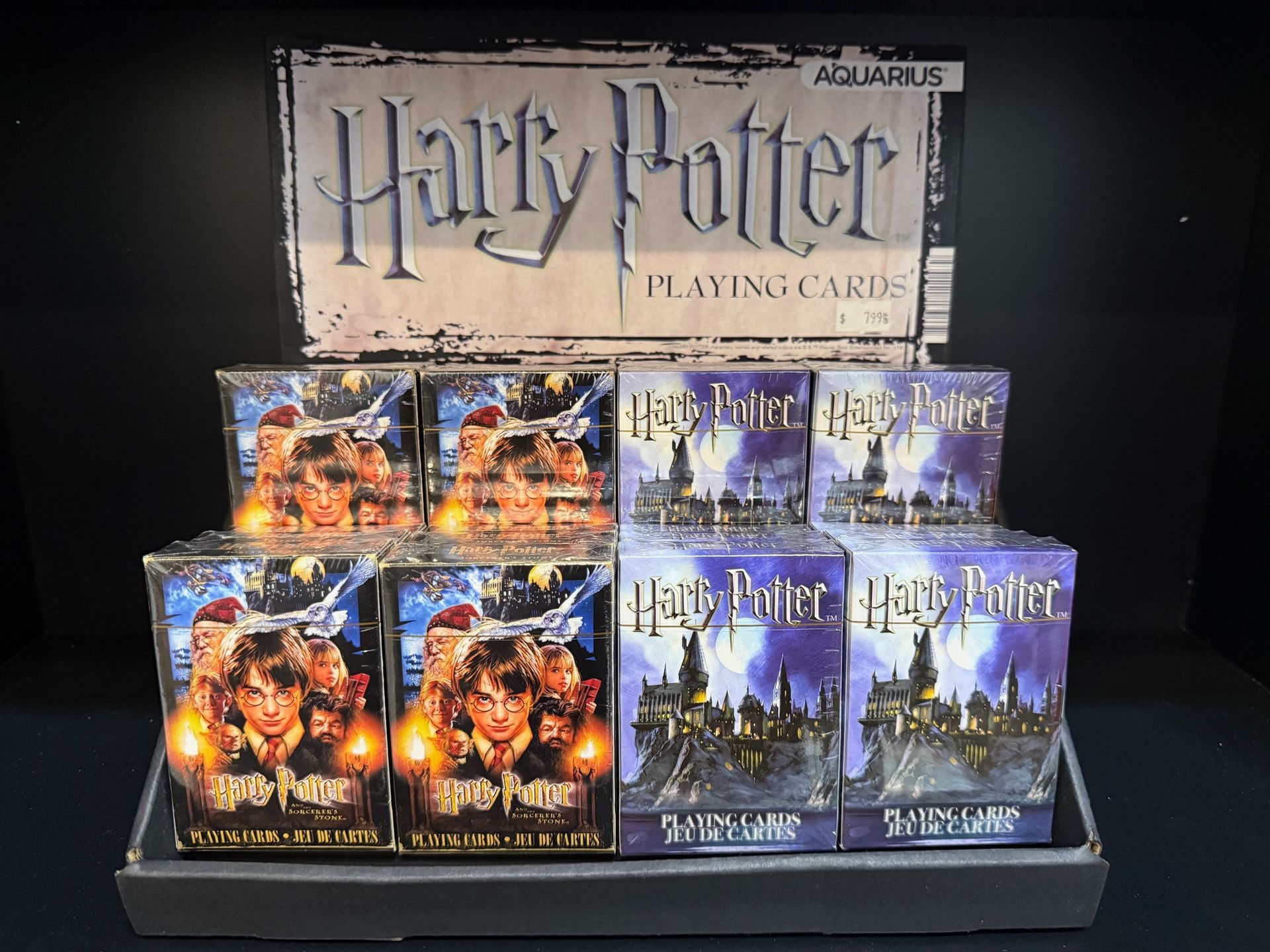 A display of harry potter playing cards on a table