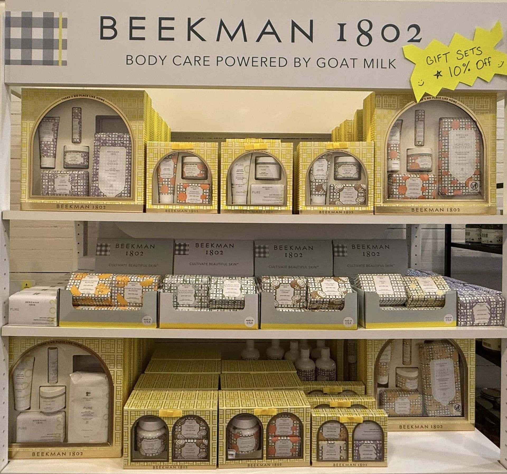 An array of Beekman 1802 skincare and bodycare products at Treasure the Gift Store.