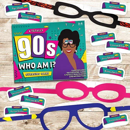A 90s who am i game with glasses and stickers on a wooden table.