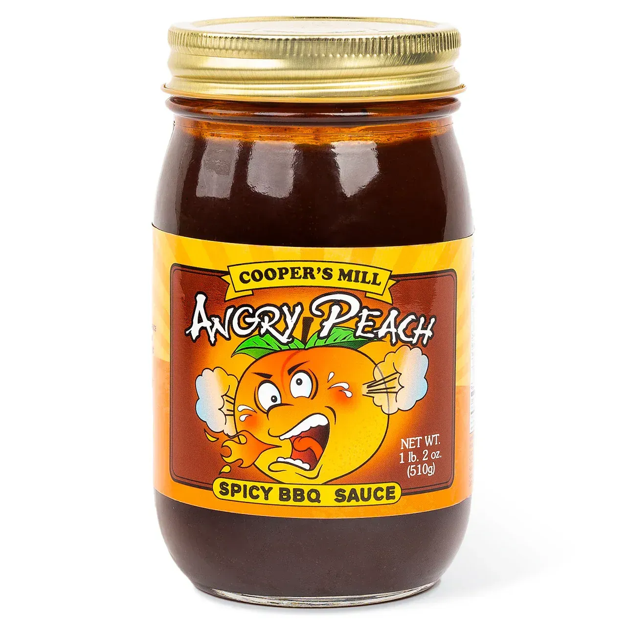 A jar of cooper 's mill angry peach spicy bbq sauce