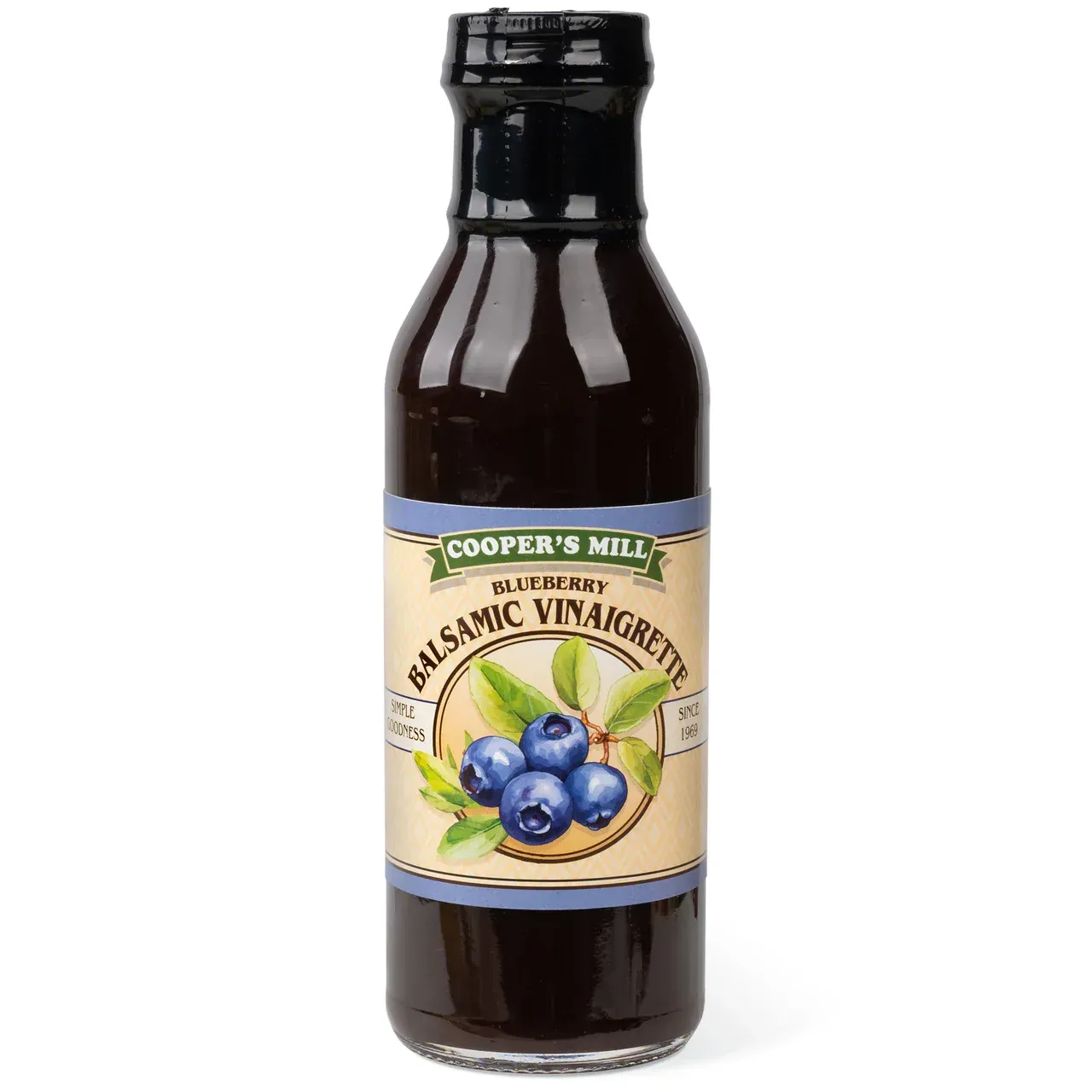 A bottle of blueberry balsamic vinaigrette on a white background.