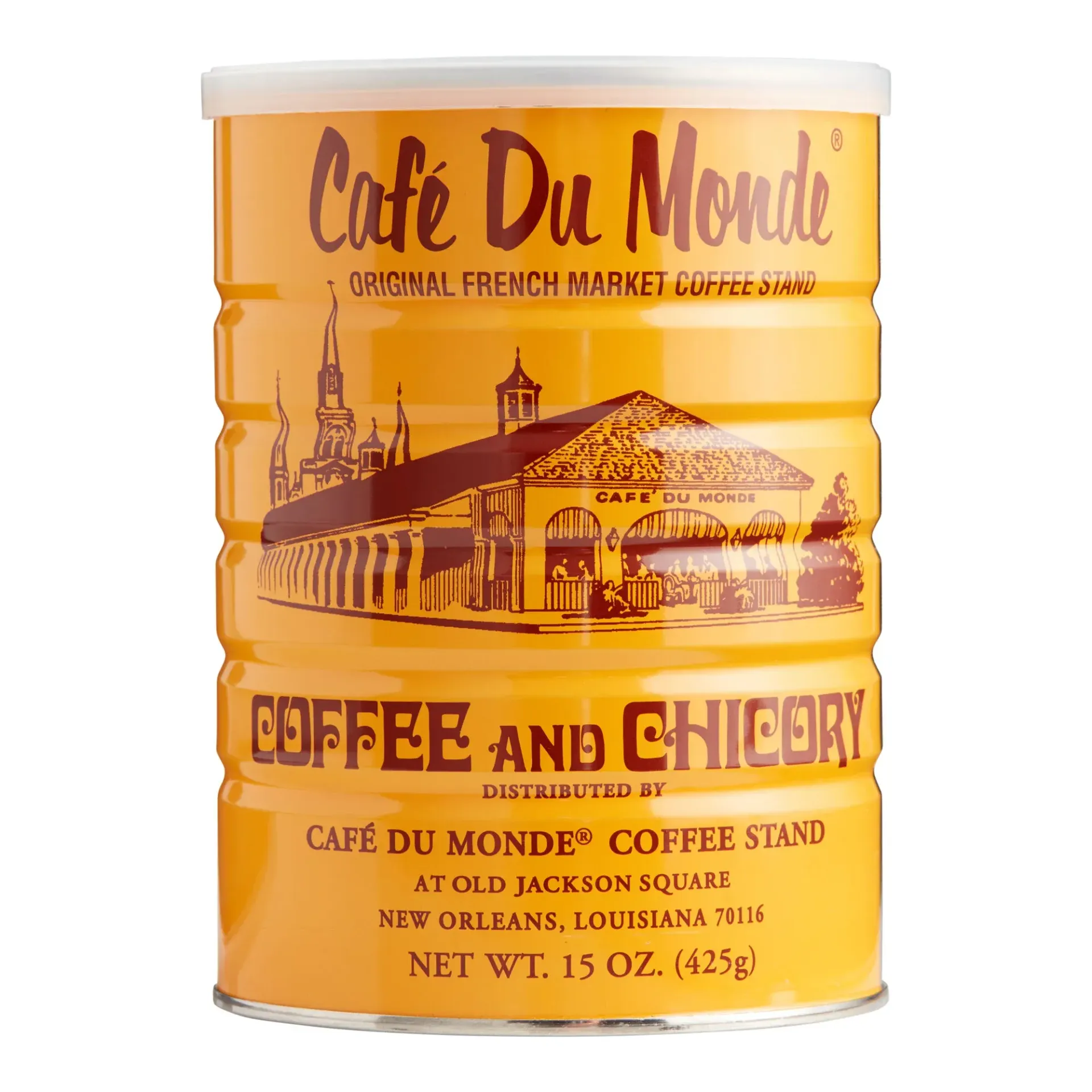 A yellow can of cafe du monde coffee and chicory