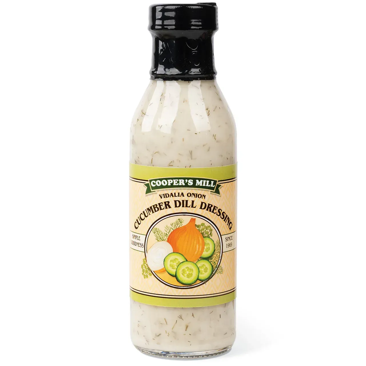 A bottle of cucumber dill dressing on a white background.