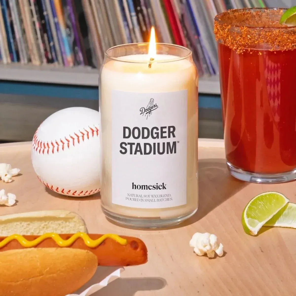 A candle that says dodger stadium on it