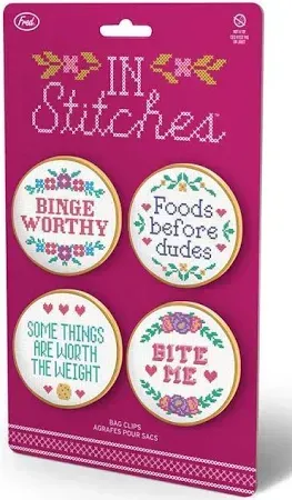 A set of four cross stitch buttons that say `` some things are worth the weight '' and `` foods before dudes ''.