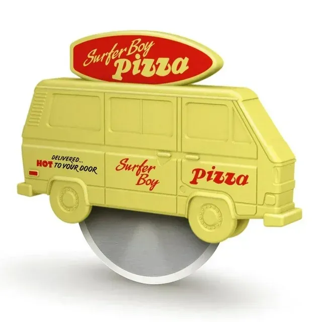 A pizza cutter in the shape of a surfer boy van