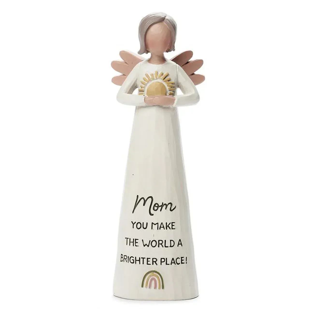 A statue of a woman holding a sun with the words mom you make the world a brighter place.
