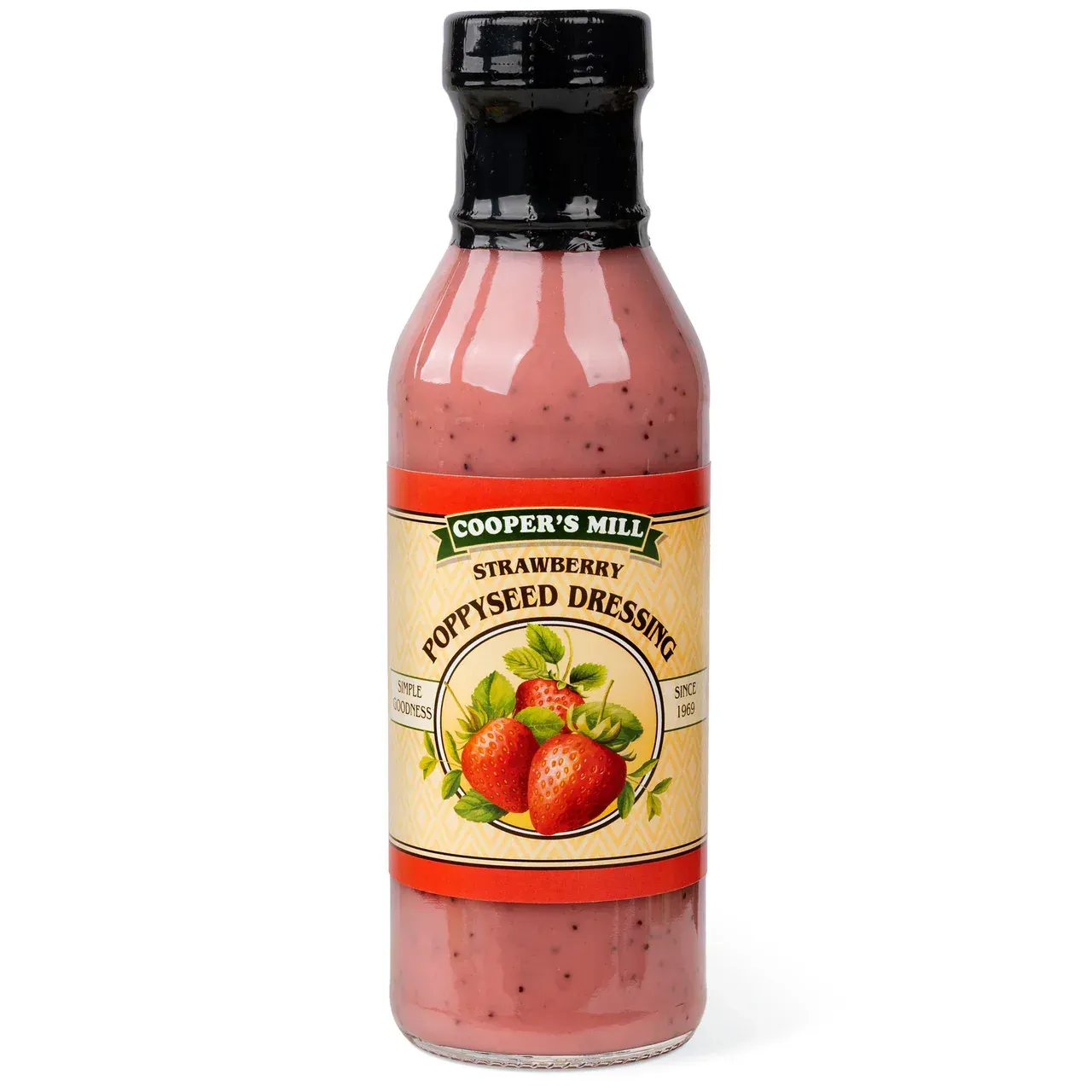 A bottle of strawberry poppyseed dressing with strawberries on the label