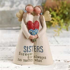 A figurine of two angels with the words sisters forever for always no matter what on it