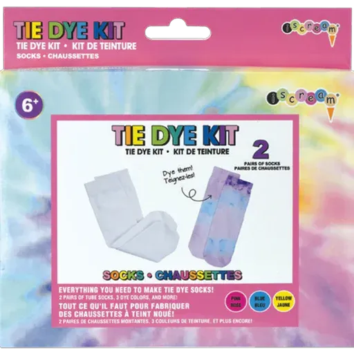 A tie dye kit contains two pairs of socks