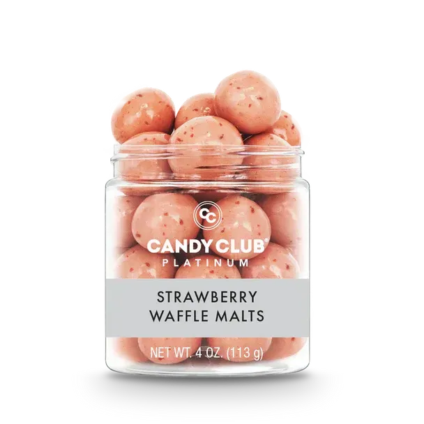 A jar of candy club strawberry waffle malts