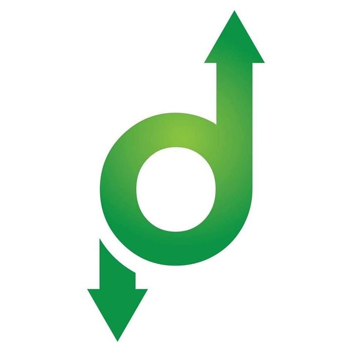 Logo circulaire vert avec une flèche pointant vers le haut et une autre vers le bas
