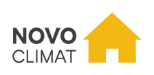 Logo NOVO CLIMAT en noir et jaune avec une icône de maison