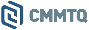 Logo bleu CMMTQ avec une icône hexagonale stylisée sur fond blanc