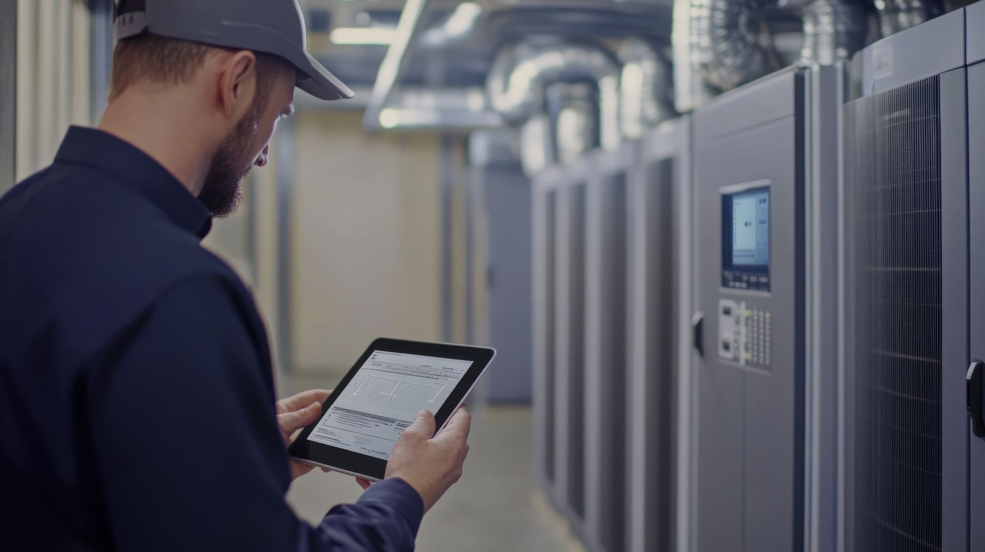 Un technicien utilise une tablette dans une salle serveur pour inspecter les équipements et les baies du centre de données.