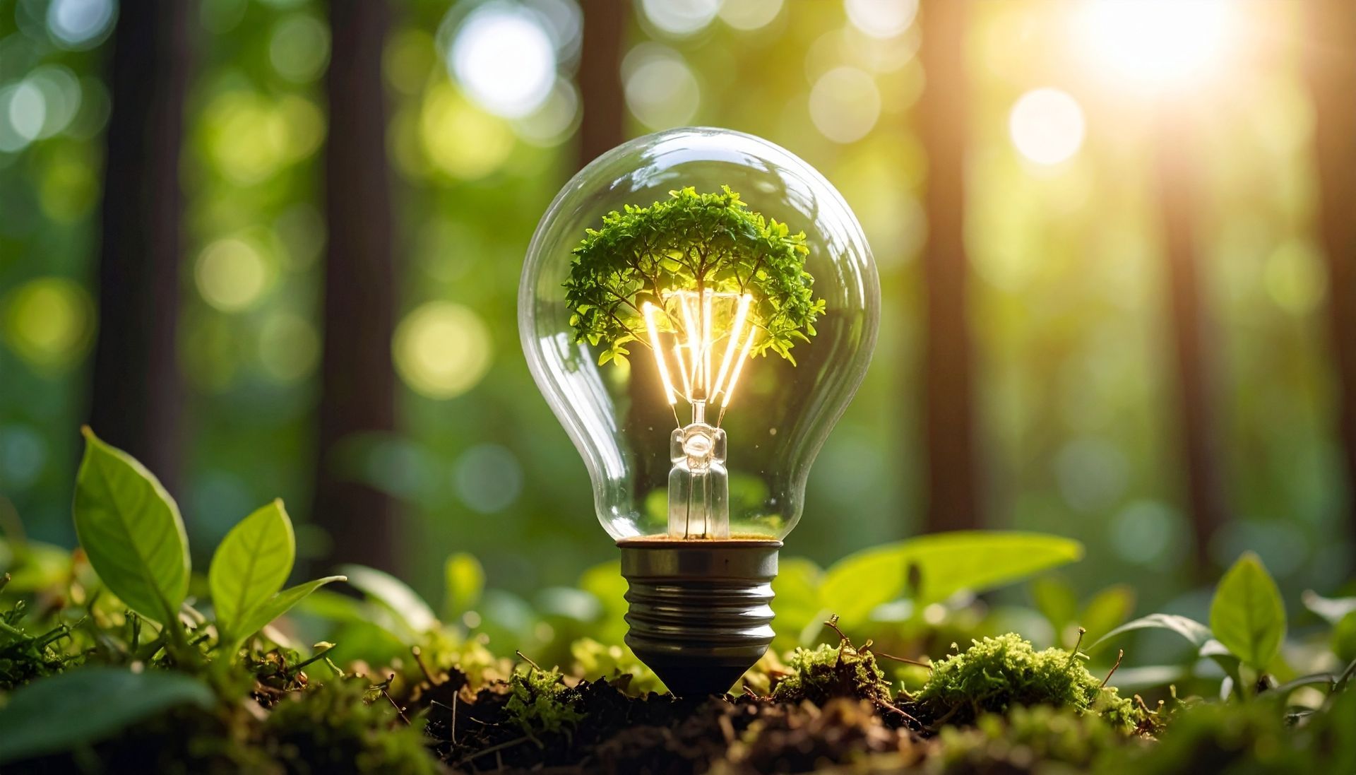 Ampoule avec un arbre vert lumineux à l'intérieur, entourée de mousse et de feuillage forestier baigné de soleil
