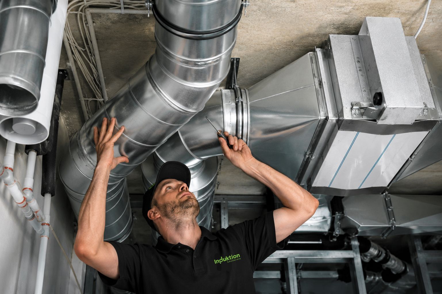 Un technicien inspecte les conduits de ventilation argentés dans une salle des machines