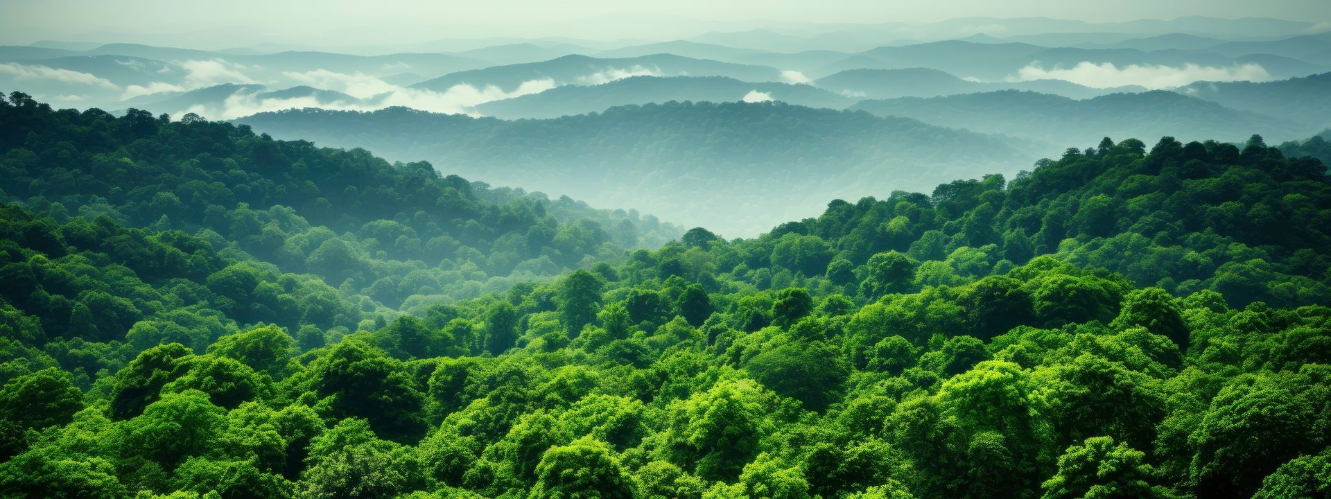 Des collines verdoyantes et boisées se fondent dans la brume sous un ciel d'un bleu doux.