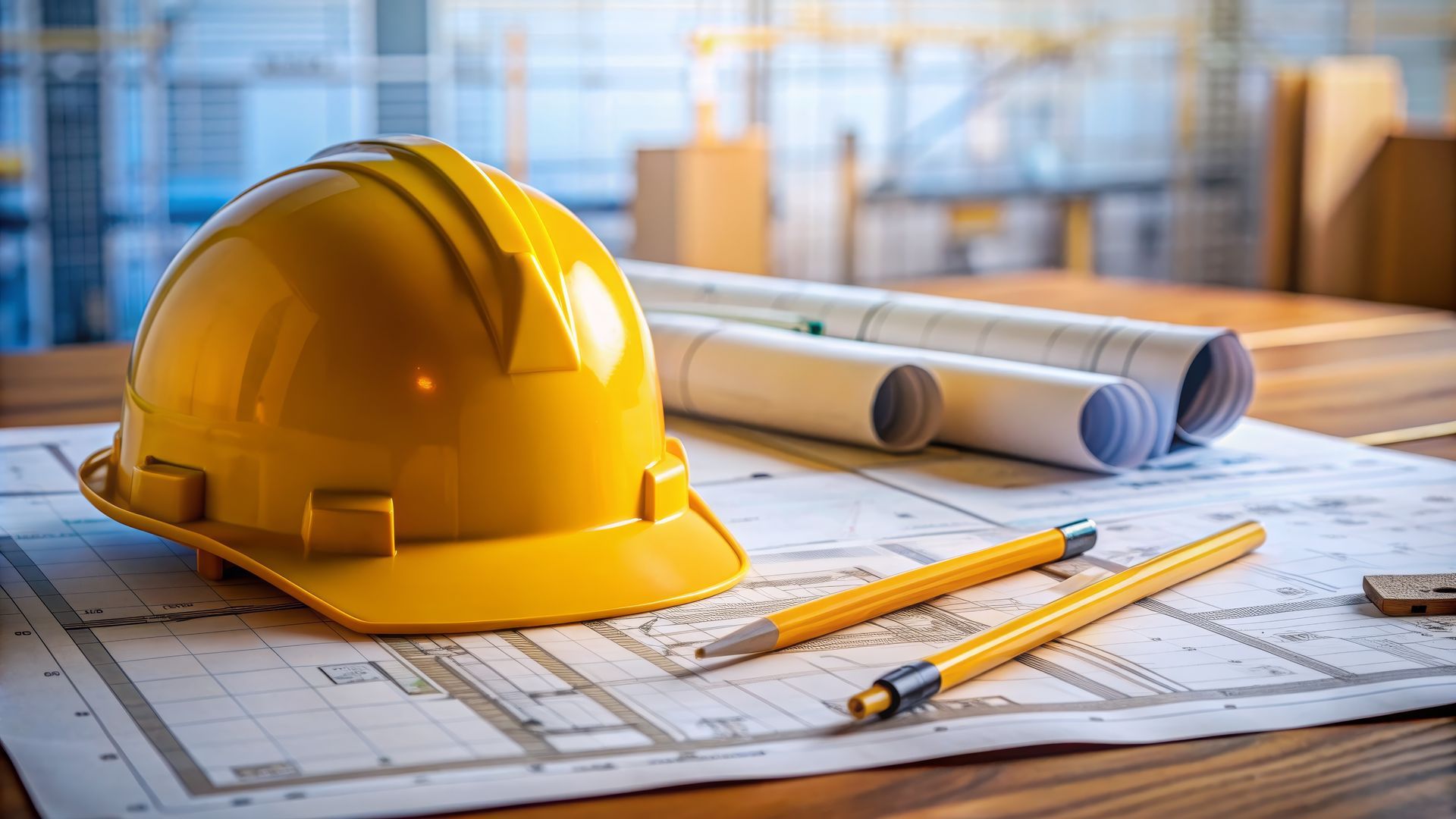 Un casque de chantier jaune et des plans roulés sur un plan d'architecte, avec des crayons sur un bureau.