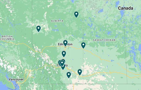A map of Alberta, Canada with a bunch of pins on it