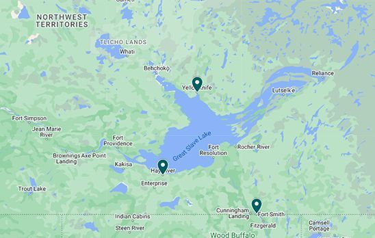 A map of the northwest territories with a lake in the middle.