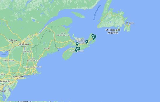 A map of Noca Scotia, Canada showing the location of a few islands in the ocean.