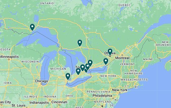 A map of the Ontario, Canada with a bunch of pins on it.