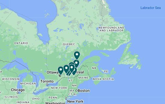 A map of Quebec, Canada showing the location of a city.