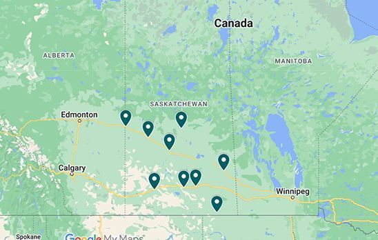 A map of Saskatchewan, Canada with a bunch of pins on it